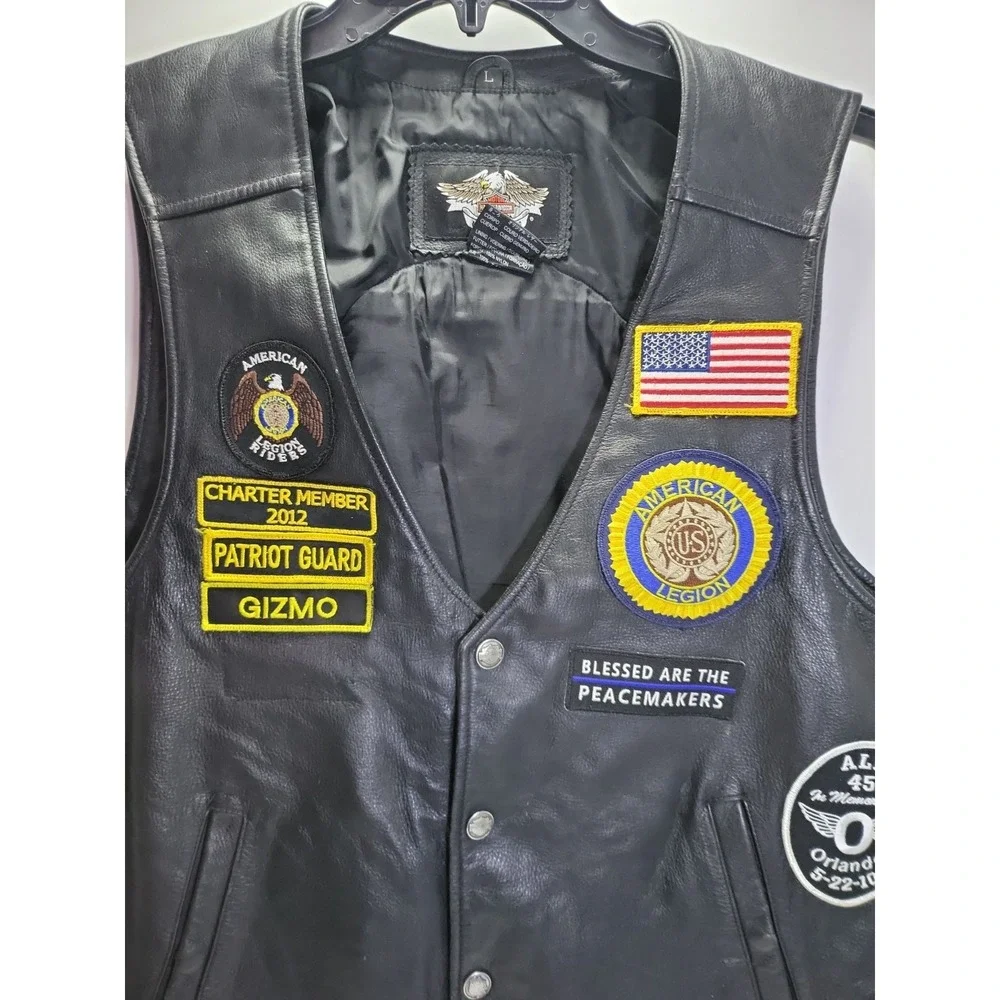Harley‎ Davidson Black Leather Vest Size Large With Multiple Patches RN # 103819